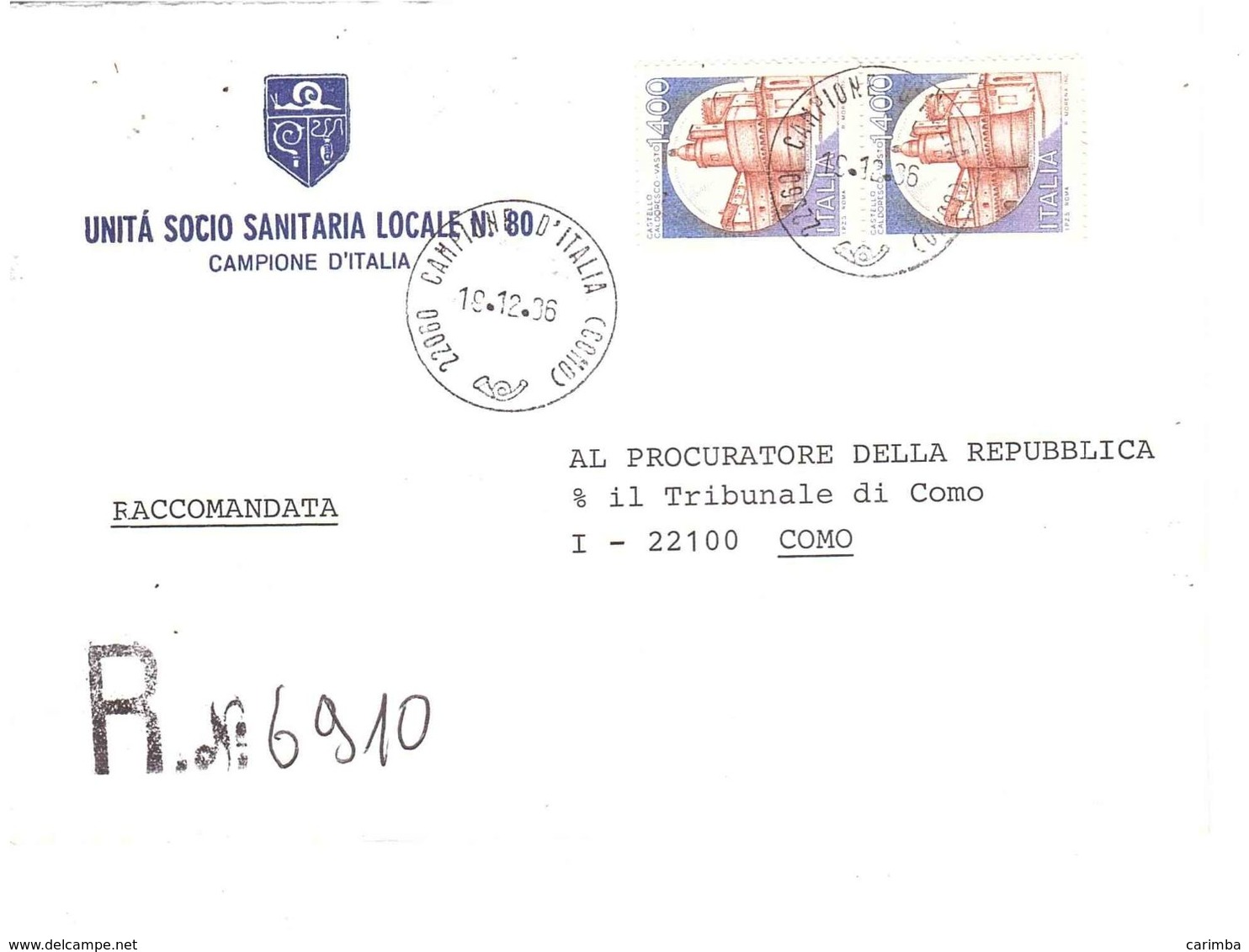 RACC. ANNULLO CAMPIONE D'ITALIA COMO BUSTA UNITA' SOCIO SANITARIA LOCALE - 1981-90: Marcophilia