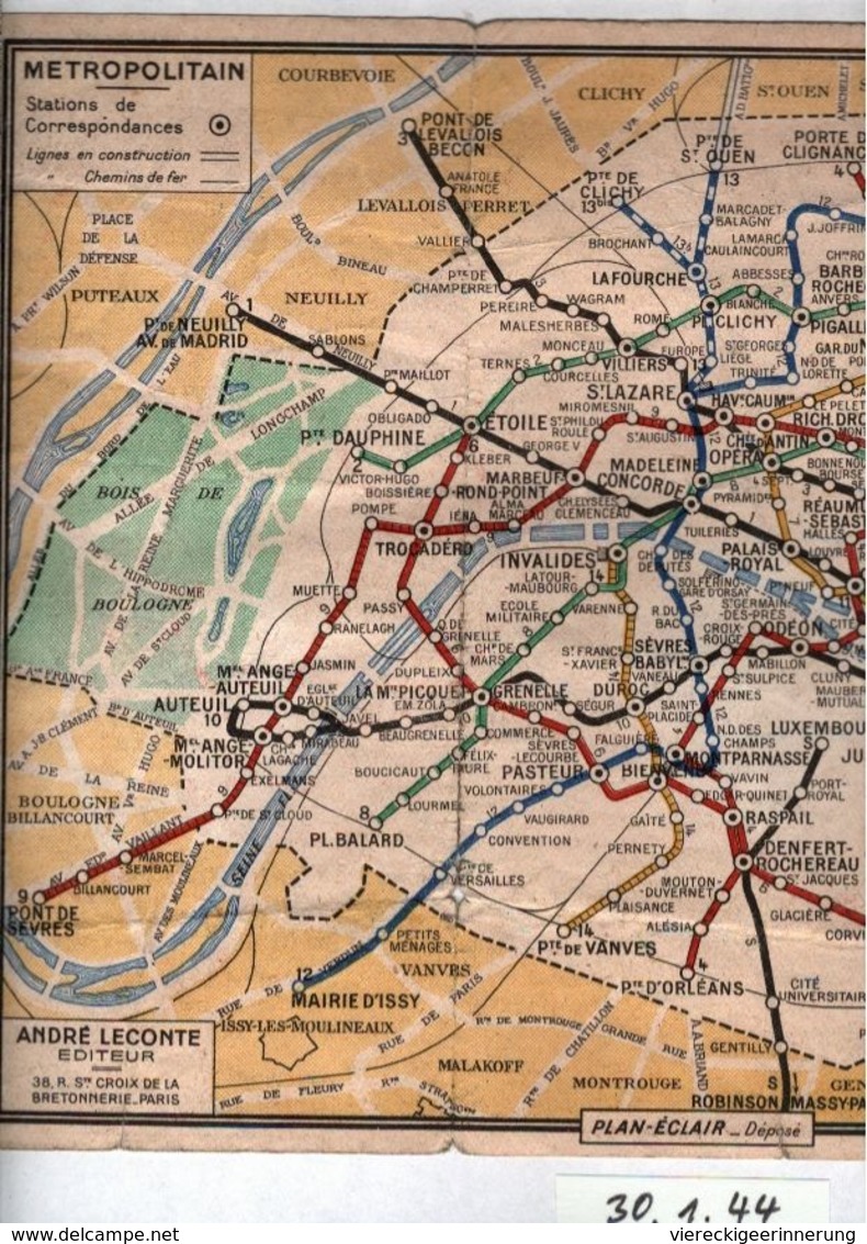 ! Verkehrsplan Metro Paris 1944 , Metropolitain, Plan, Format 17,7 X 13,8 Cm - Europe