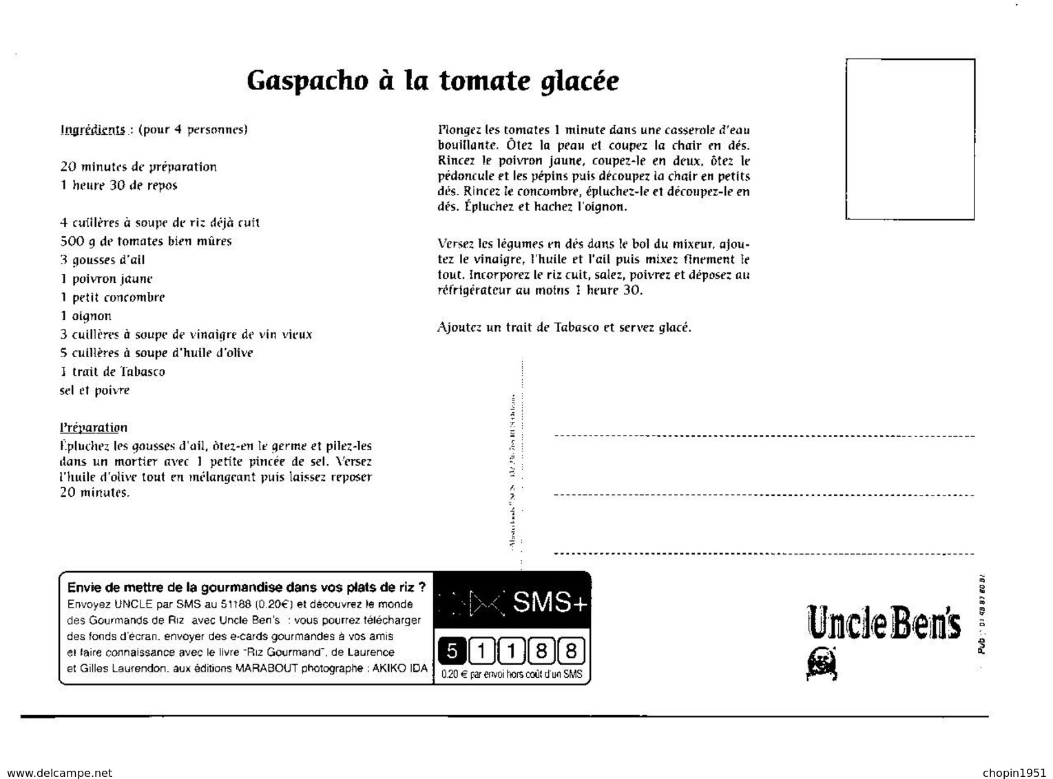 CPM PUBLICITAIRE -  UNCLE BEN'S - GASPACHO - Recettes (cuisine)