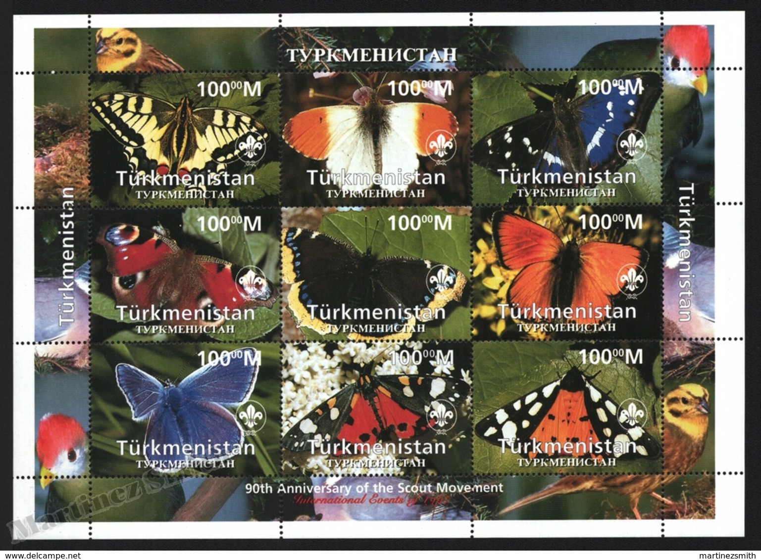 Turkmenistan 1997 Yvert 74-82, Fauna. Insects, Butterflies. 90th Anniv Scouts - Miniature Sheet - MNH - Turkmenistan