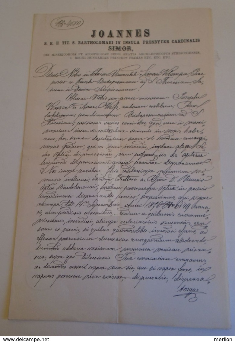 D172612  Old Document - Hungary Esztergom Strigonii - Joannes Simor Primas Priceps - Letter To Simon KLEMPA 1876 - Nacimiento & Bautizo