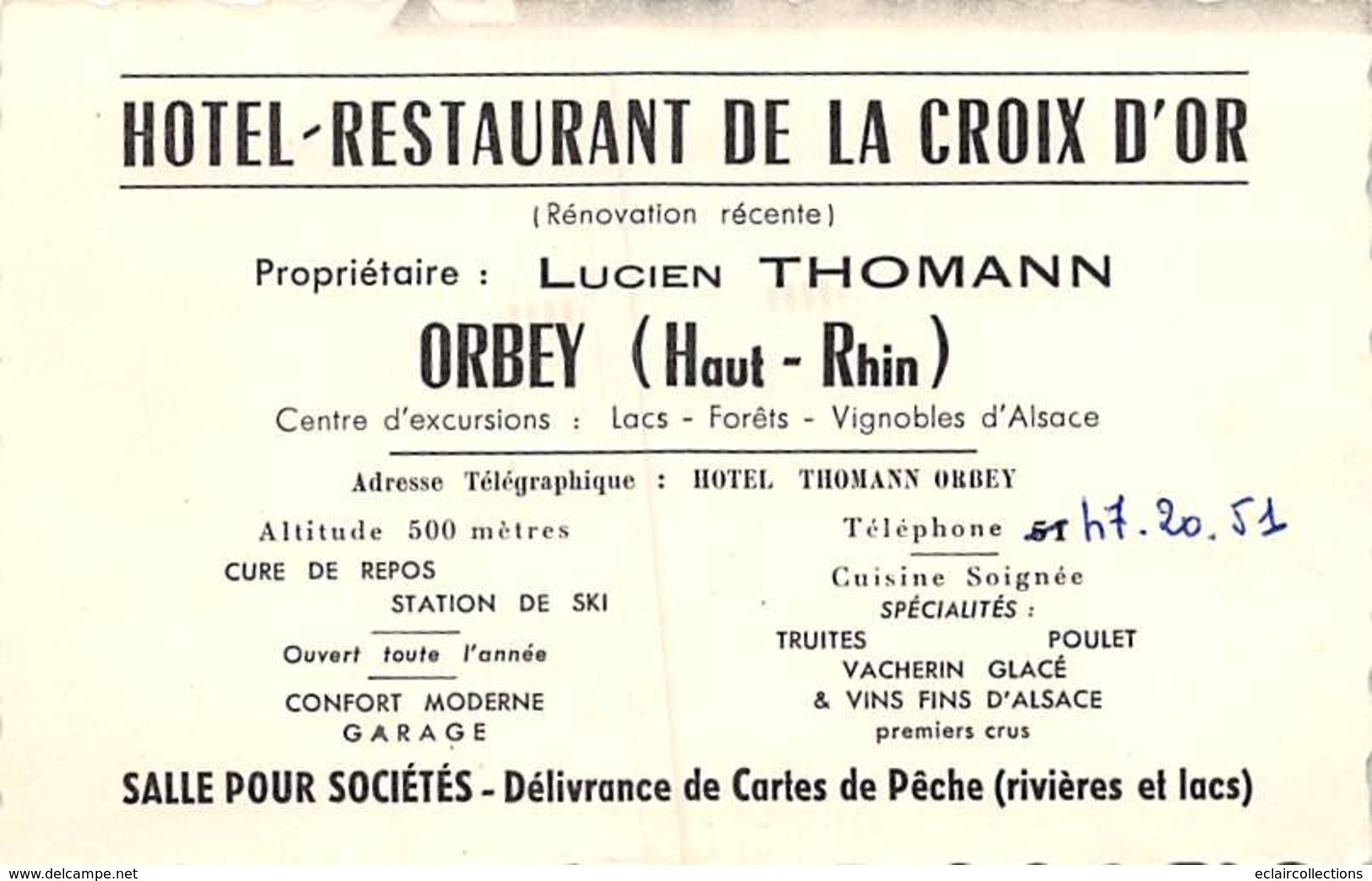 Orbey         68            Hôtel Restaurant De La Croix D'Or        (voir Scan) - Orbey