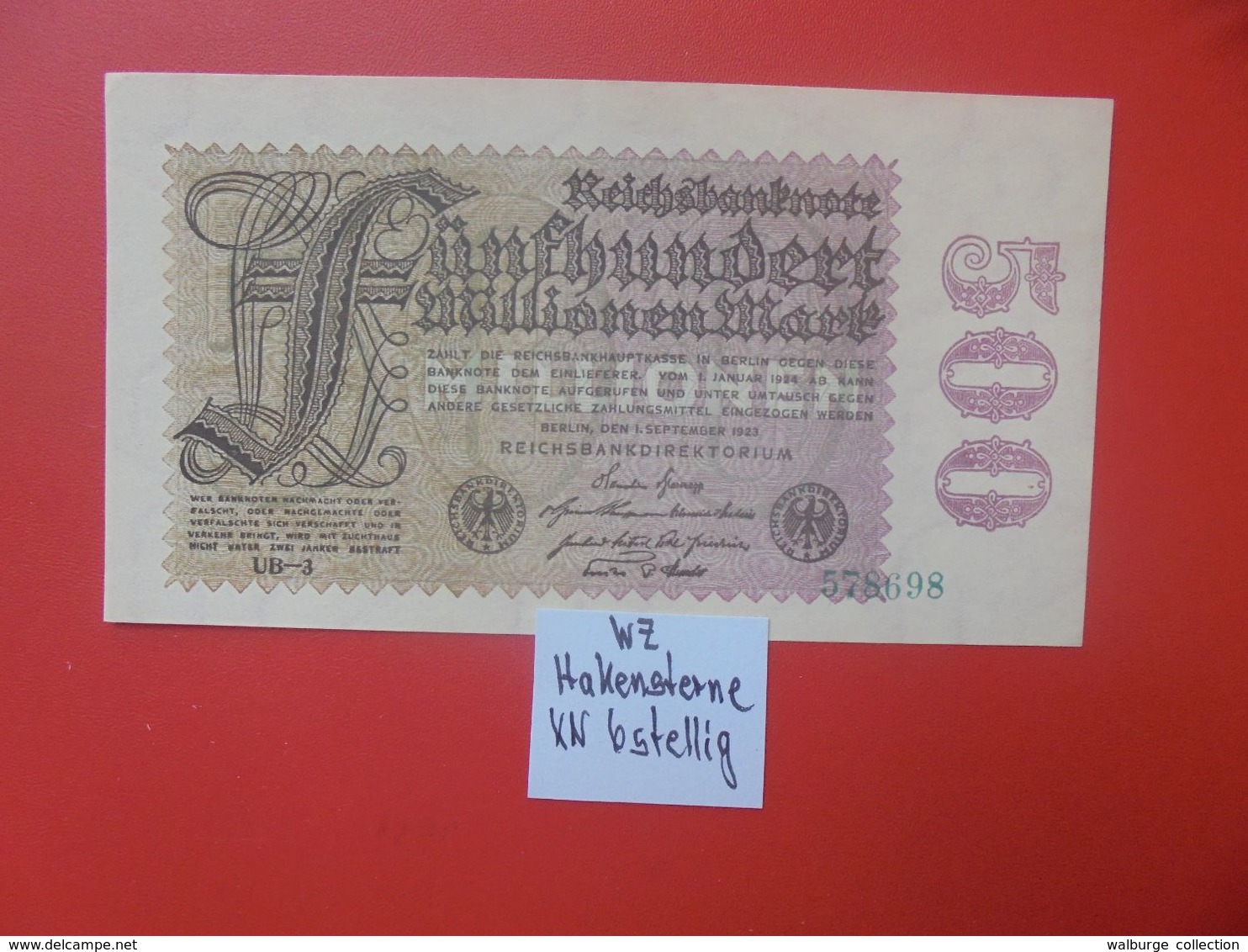 Reichsbanknote 500 MILLIONEN MARK 1923 "HAKENSTERNE" 6 CHIFFRES CIRCULER (B.16) - 500 Miljoen Mark