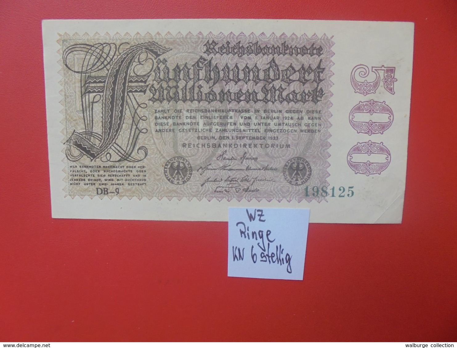 Reichsbanknote 500 MILLIONEN MARK 1923 "RINGE" 6 CHIFFRES CIRCULER (B.16) - 500 Miljoen Mark