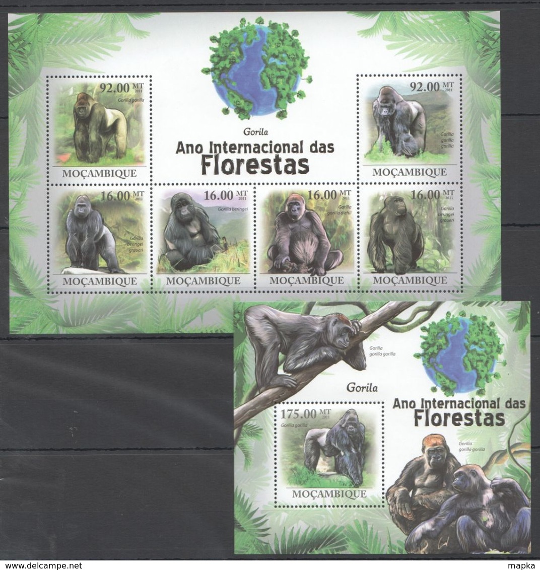 QQ129 2011 MOZAMBIQUE MOCAMBIQUE FAUNA DAS FLORESTAS ANIMALS GORILLAS 1SH+1BL MNH - Gorillas