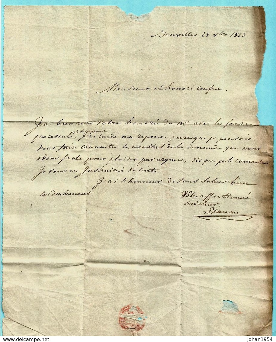 Brief Met Inhoud 28/10/1823, Griffe BRUSSEL (Herlant 62 : 40x6mm) Naar Gent - 1815-1830 (Période Hollandaise)