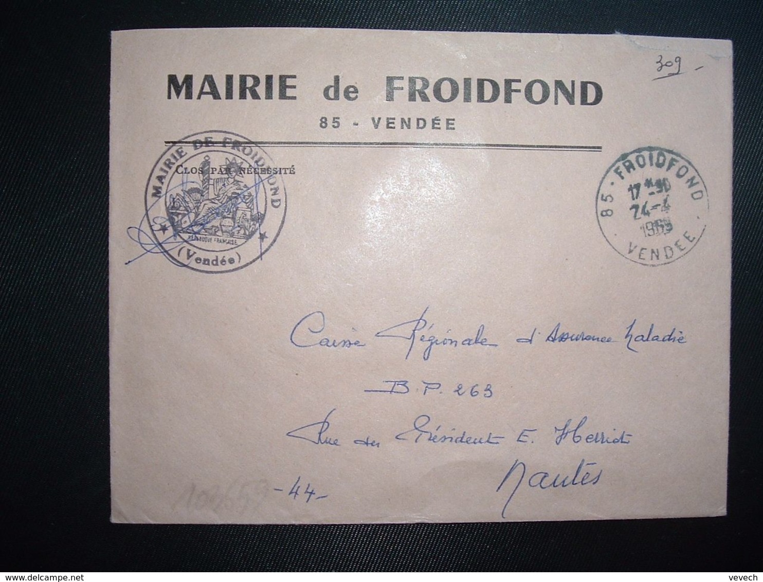 LETTRE MAIRIE OBL.24-4 1965 85 FROIDFOND VENDEE - Otros & Sin Clasificación