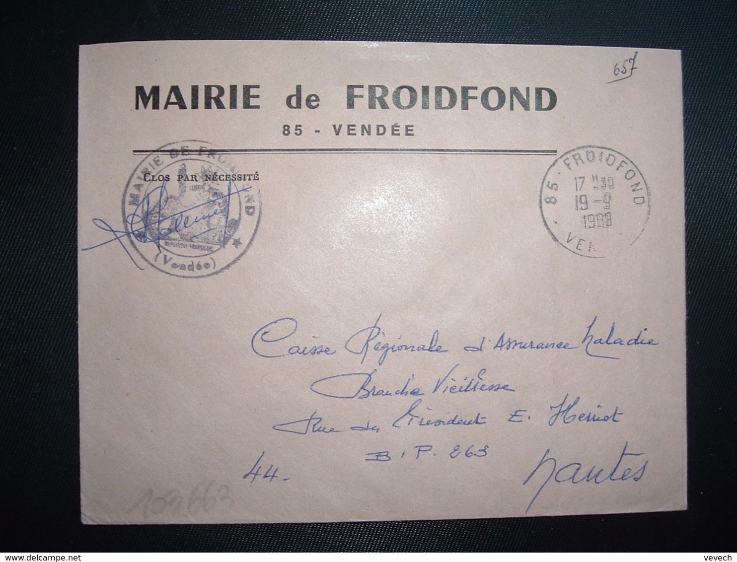 LETTRE MAIRIE OBL.19-9 1969 85 FROIDFOND VENDEE - Cachets Manuels