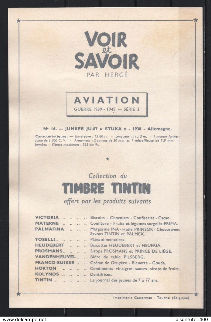 Tintin : Chromo " Voir Et Savoir " Par Hergé : Aviation Guerre 1939-1945 : N° 16 Editions CASTERMAN. - Autres & Non Classés