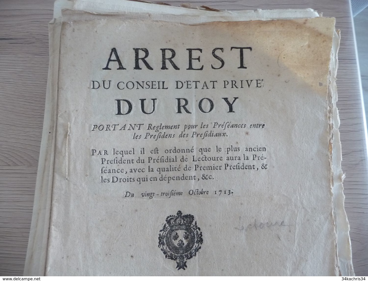 Arrest Du Conseil D''Etat Privé Du Roi 23/10/1713 Règlement Pour Les Préséances Entre Les Présidents Et Présidiaux - Decrees & Laws