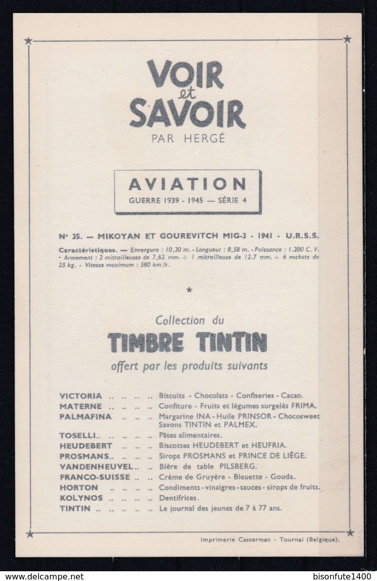 Tintin : Chromo " Voir Et Savoir " Par Hergé : Aviation Guerre 1939-1945 : N° 35 Editions CASTERMAN. - Other & Unclassified