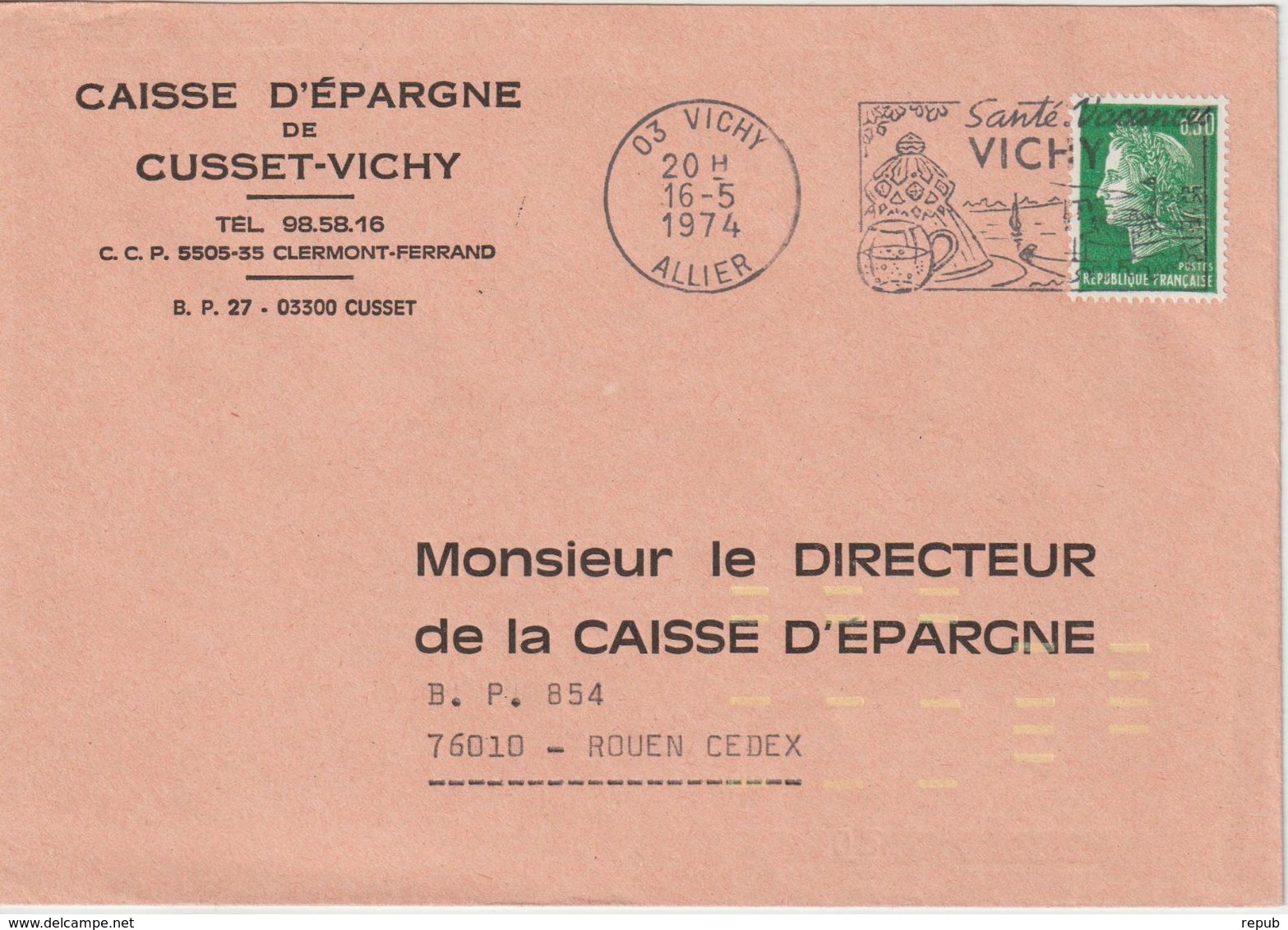 Lettre 1974 Cheffer 0.30 De Vichy 03 Pour Rouen Avec Indexation Jaune - 1961-....