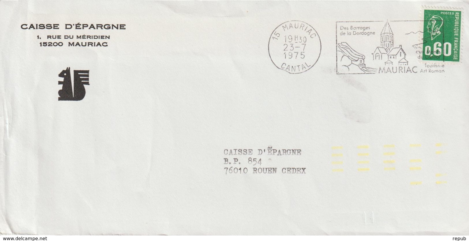 Lettre 1975 Bequet 0.60 De Mauriac 15 Pour Rouen Avec Indexation Jaune - 1961-....