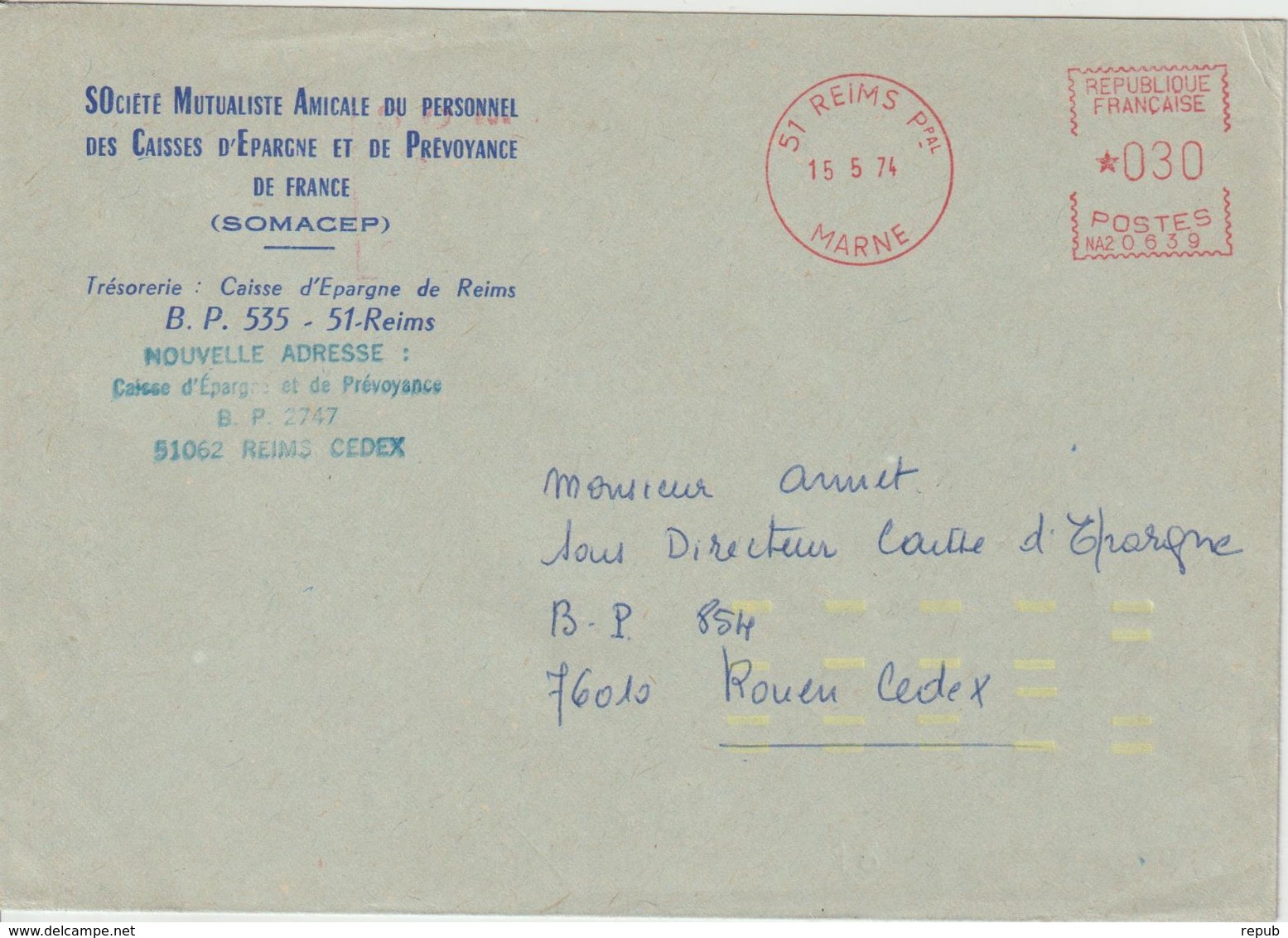 Lettre 1974 EMA 0.30 De Reims 51 Pour Rouen Avec Indexation Jaune - 1961-....