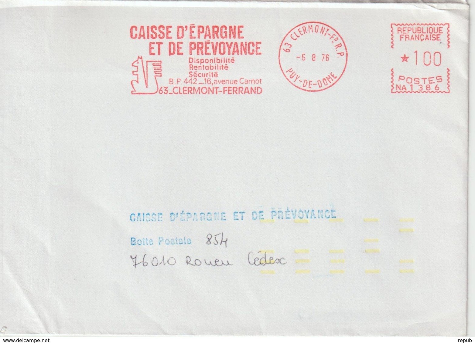 Lettre 1976 EMA Caisse Epargne Ecureuil 1.00 De Clermont FD 63 Pour Rouen Avec Indexation Jaune - 1961-....