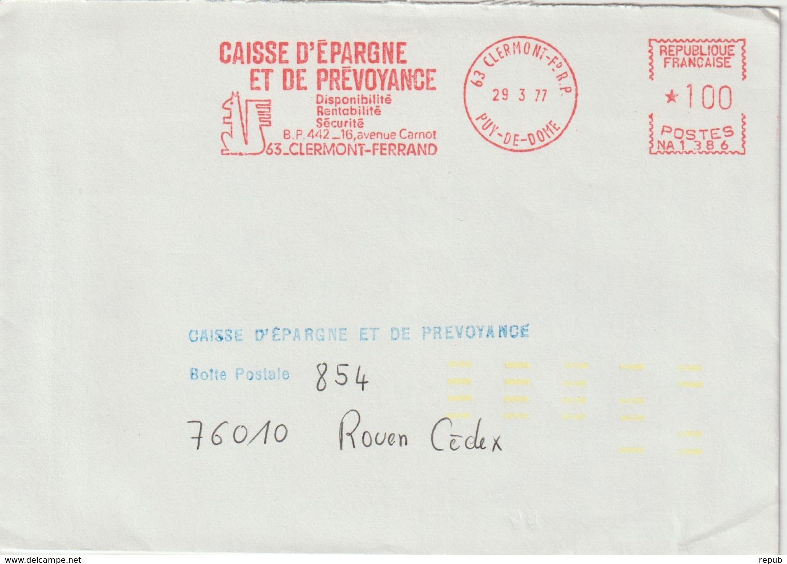 Lettre 1977 EMA Caisse Epargne Ecureuil 1.00 De Clermont FD 63 Pour Rouen Avec Indexation Jaune - 1961-....