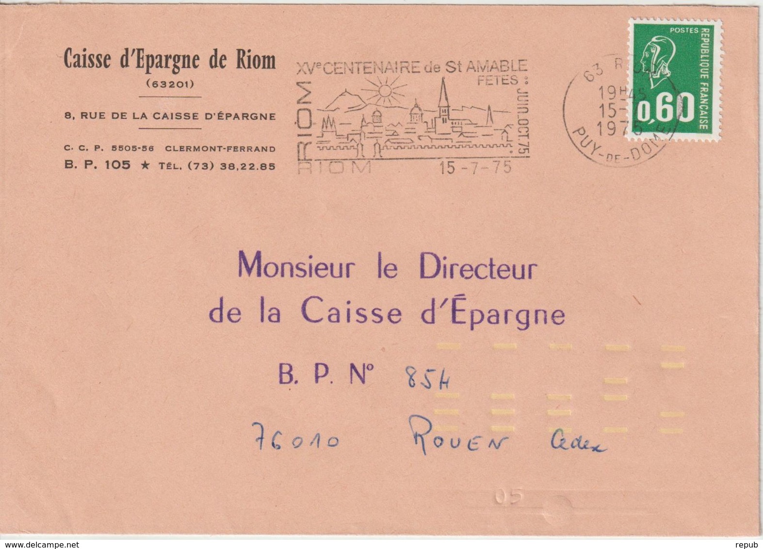Lettre 1975 Bequet 0.60 De Riom 63 Pour Rouen Avec Indexation Jaune - 1961-....