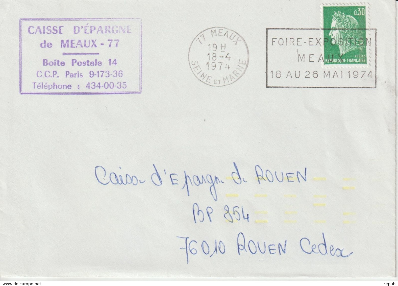 Lettre 1974 Cheffer 0.30 De Meaux 77 Pour Rouen Avec Indexation Jaune - 1961-....