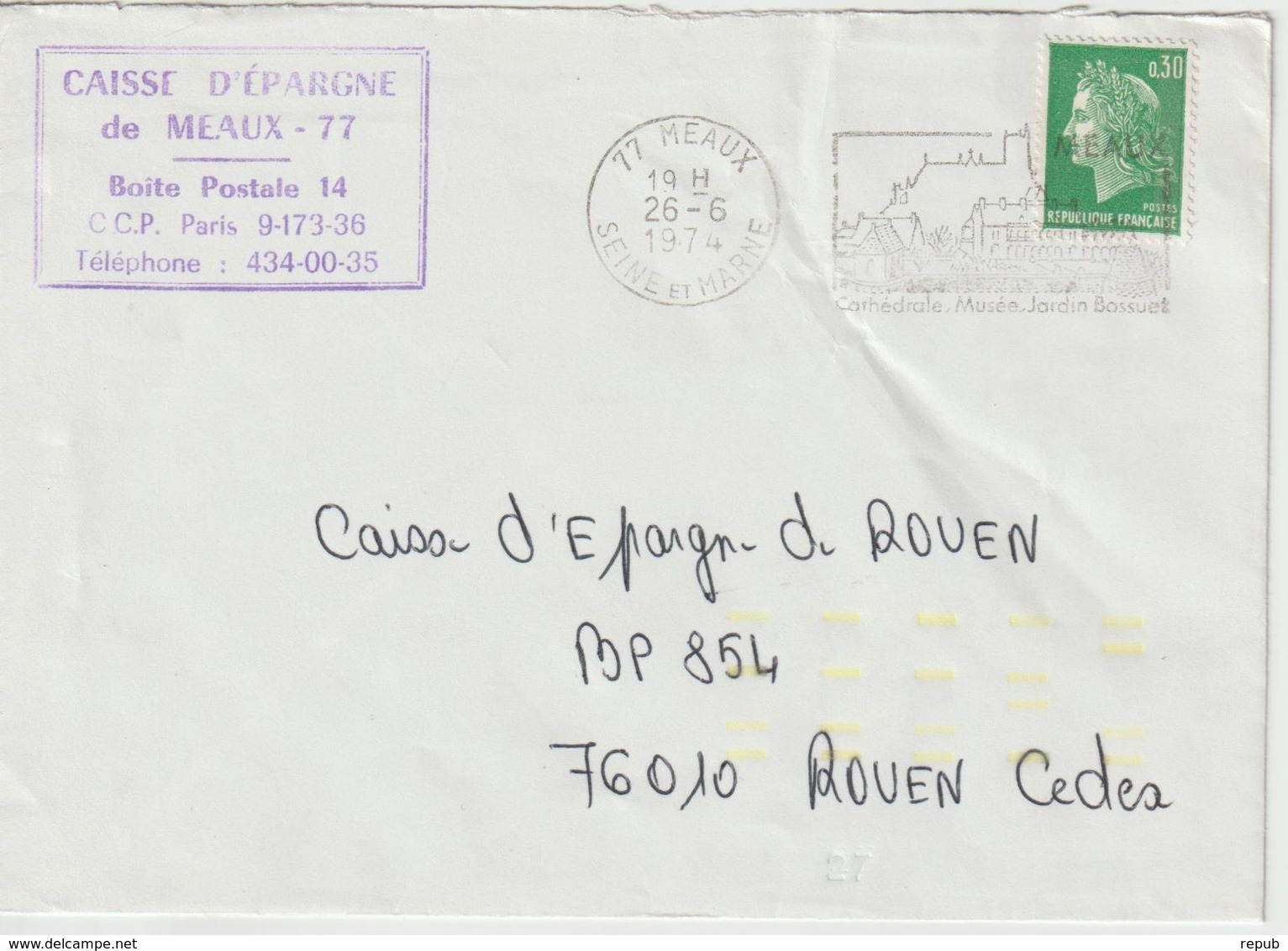 Lettre 1974 Cheffer 0.30 De Meaux 77 Pour Rouen Avec Indexation Jaune - 1961-....