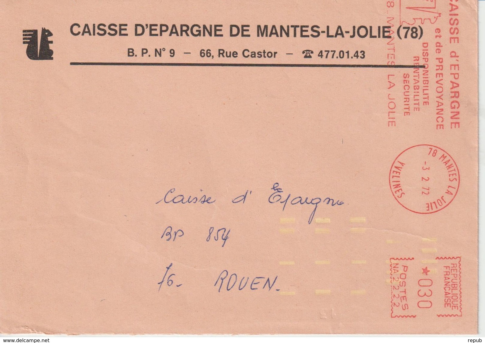 Lettre 1972 EMA Caisse Epargne Ecureuil 0.30 De Mantes 78 Pour Rouen Avec Indexation Jaune - 1961-....