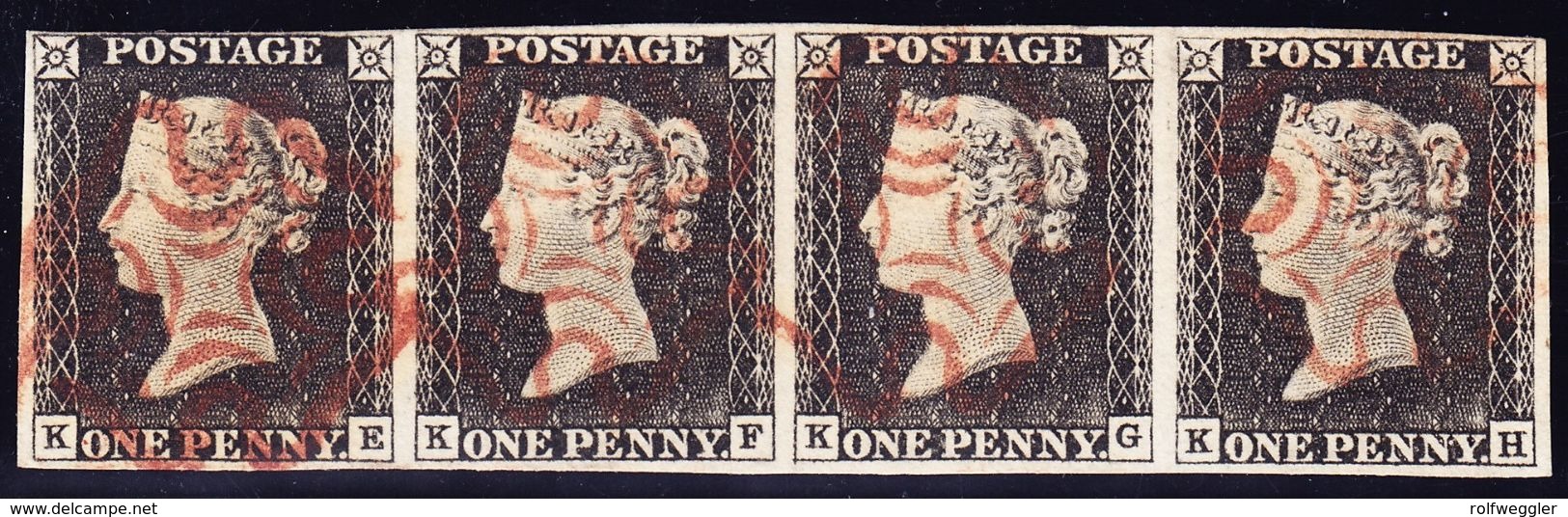 1840 Penny Black Platte 1a Horizontaler 4er Streifen Vollrandig. Rotes Malteser Kreuz Als Abstemplung. Fotoattest 2017 - Usados