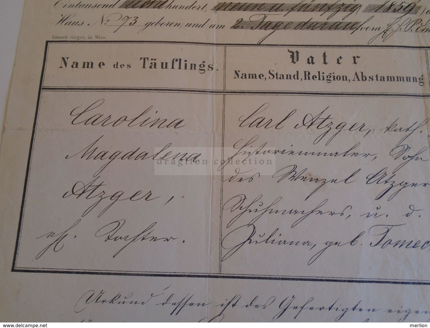 D172626 Old Document - Austria WIEN - Gumperdorf Pfarre St. Aegyd 1874 - Carolina ATZGER - Böck- Jacklin- Schubert - Nacimiento & Bautizo