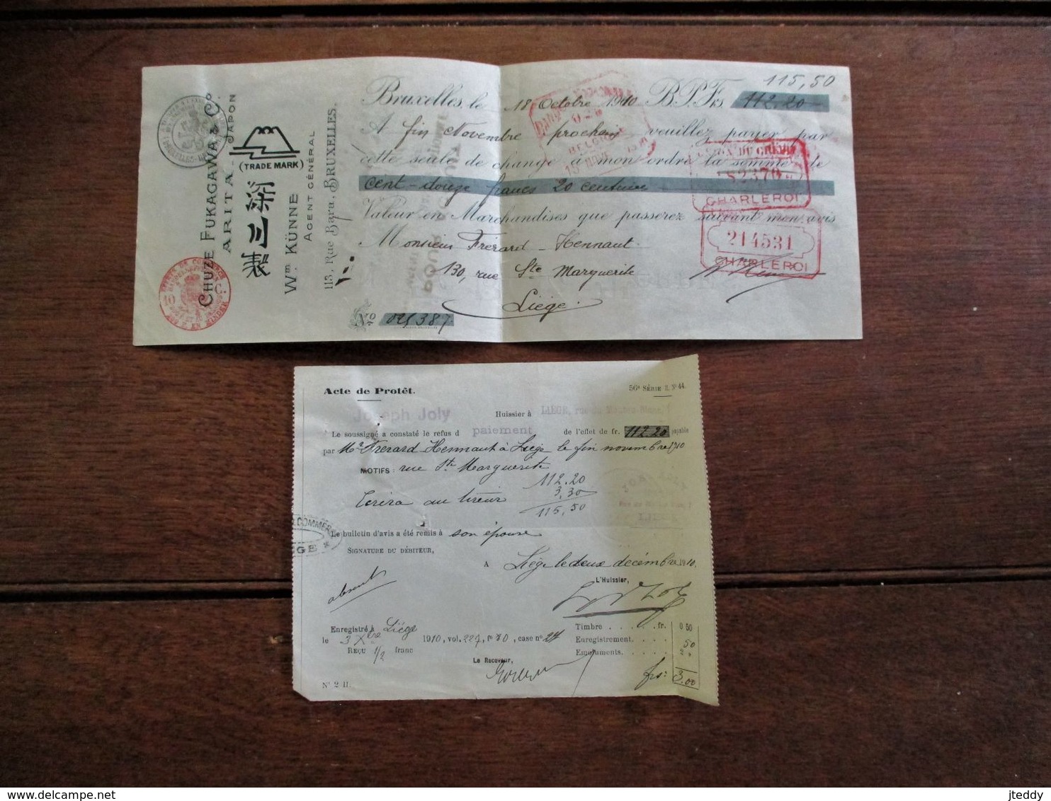 2 Stuks Ontvangstbewijzen Wm .  K U¨nne   Agent  Général   Brux .   1910   Chuze  Fukagawa & Arita  JAPON - Cheques & Traveler's Cheques