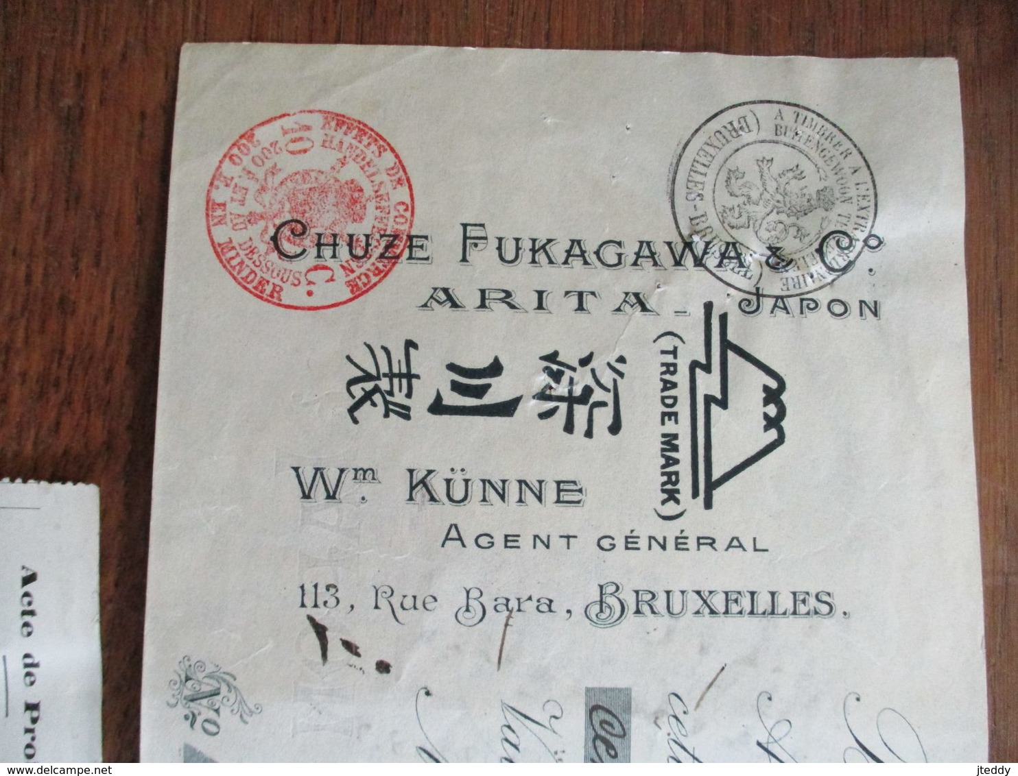 2 Stuks Ontvangstbewijzen Wm .  K U¨nne   Agent  Général   Brux .   1910   Chuze  Fukagawa & Arita  JAPON - Cheques & Traveler's Cheques