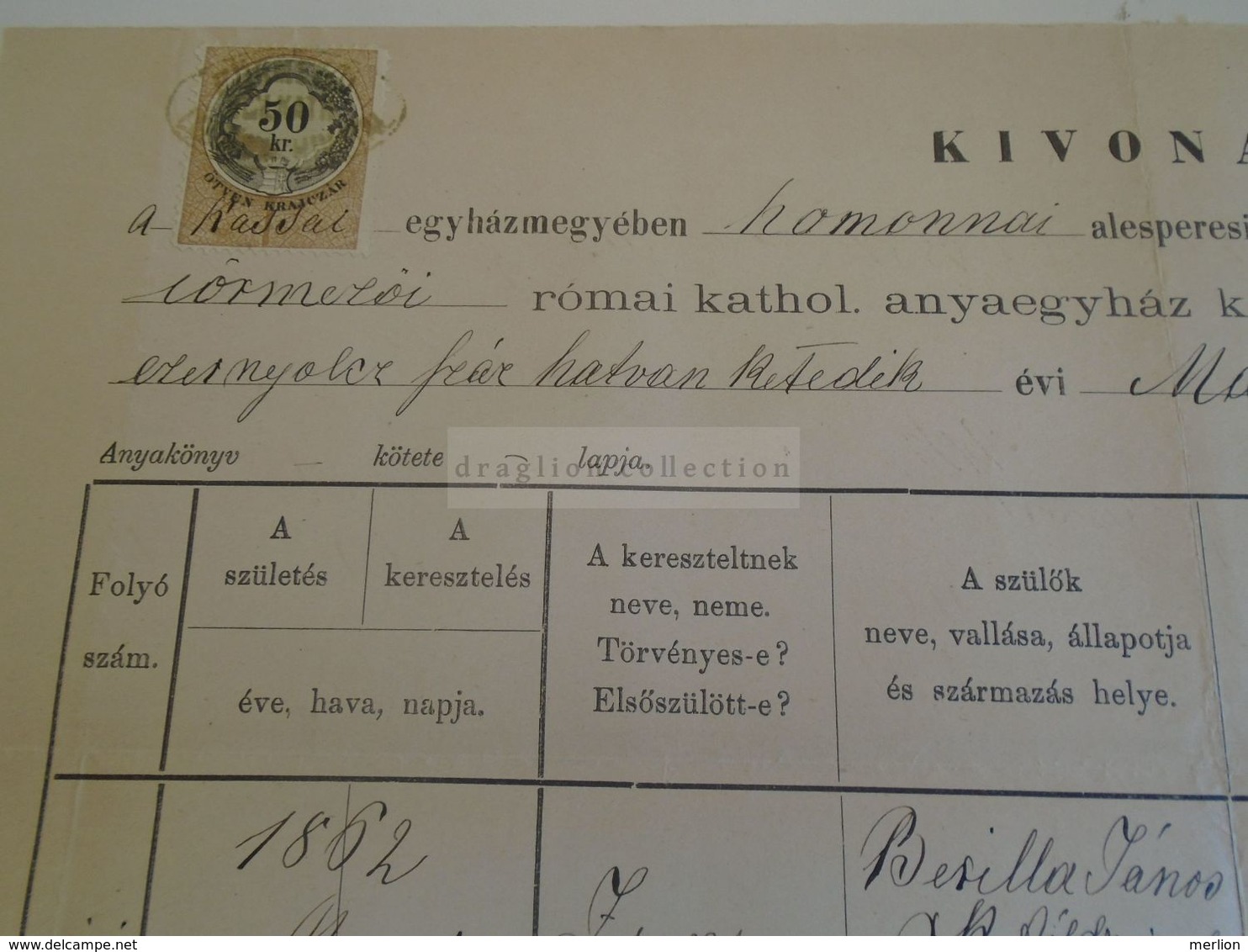 D172627 Old Document - SLOVAKIA Őrmező - Strážske  1885 - Zsuzsanna Berilla (Szopko) Bubjak Kossuth Arnold - Nascita & Battesimo