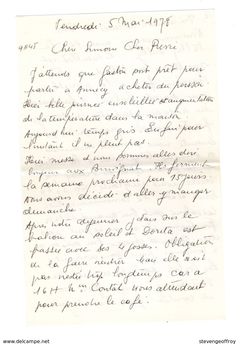 Lettre Manuscrite 1978 Simone Pierre Toret Annecy Cortat Villaz Strasbourg Malakoff - Manuscritos