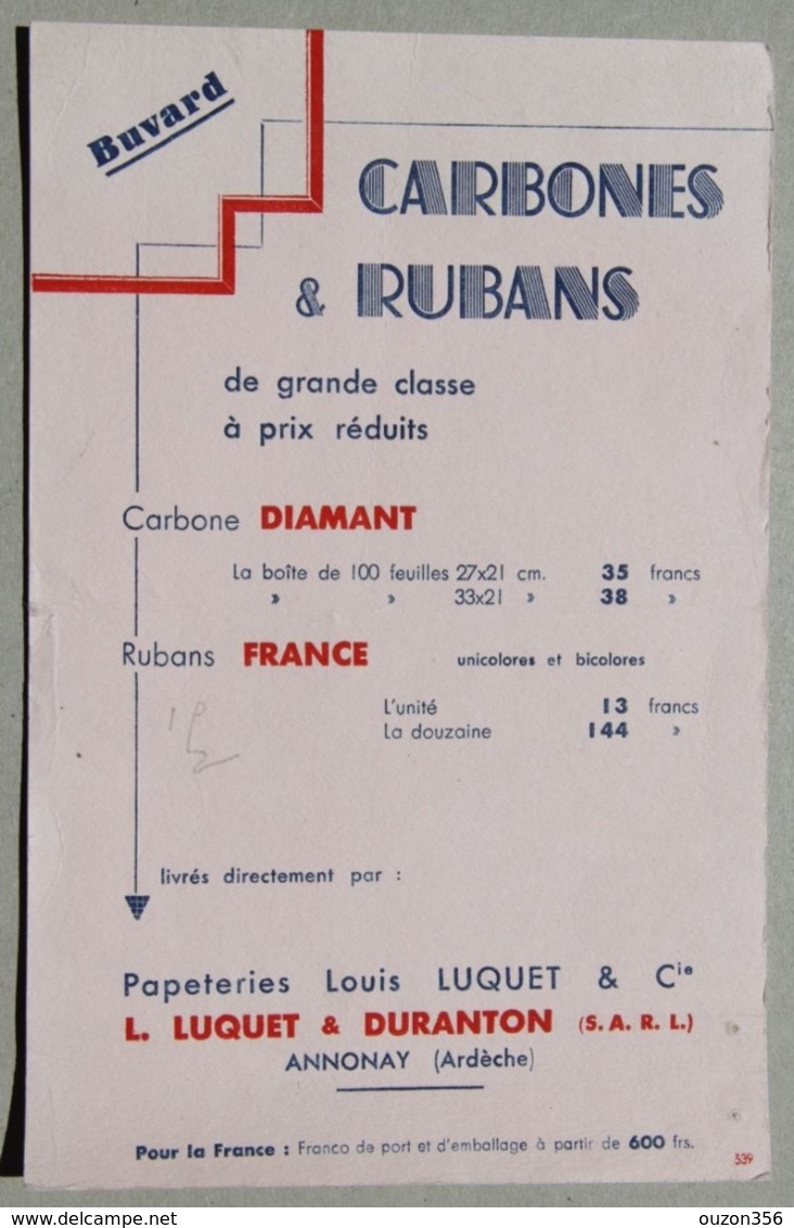 Buvard Carbones Et Rubans, Papeteries L.Luquet Et Duranton à Annonay (Ardèche) - Papeterie