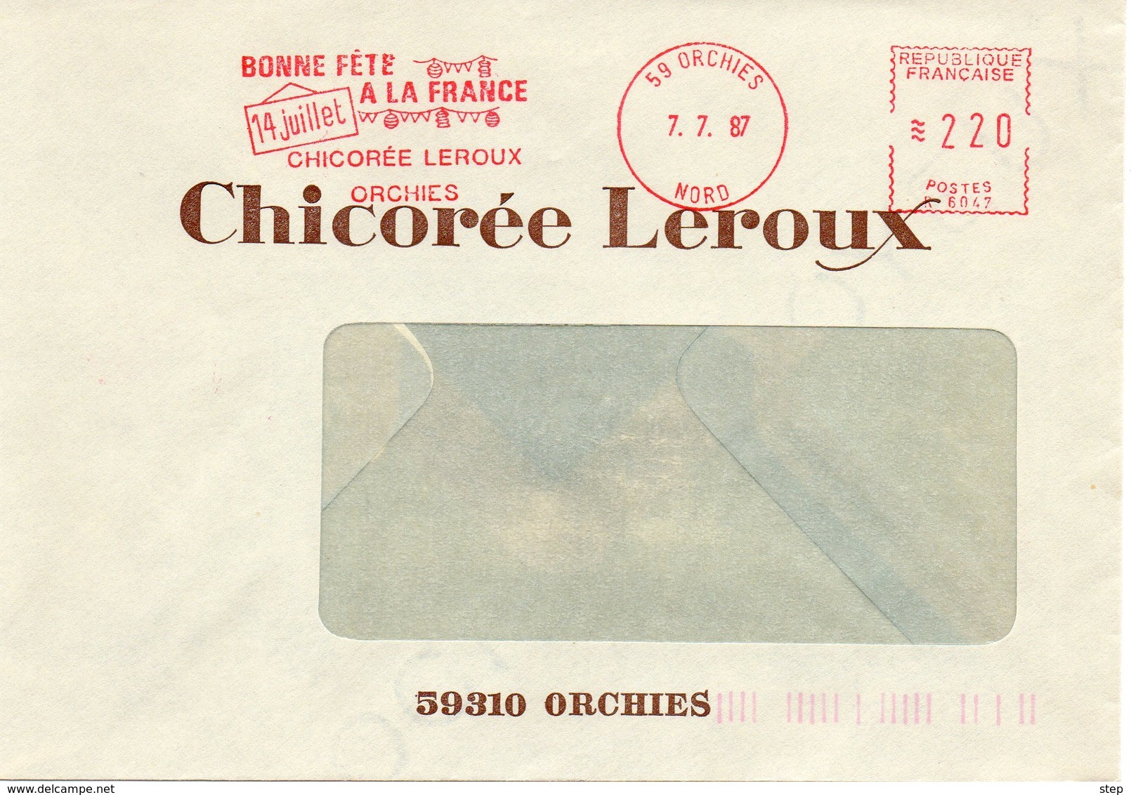 ORCHIES (NORD) : FETE NATIONALE DU 14 JUILLET 1987 EMA ROUGE Enveloppe CONCORDANTE Chicorée LEROUX - Other & Unclassified