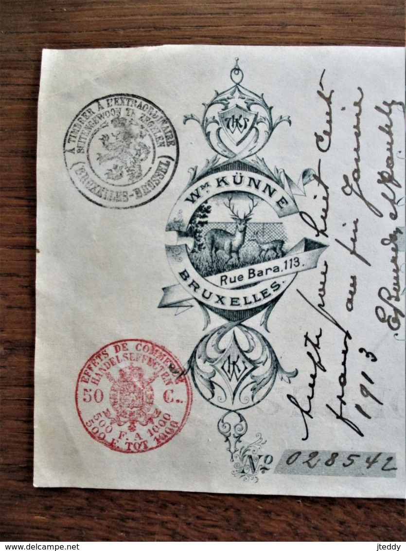 Betalingsbewijs   W M .  KUNNE  Bruxelles 1912 Met 7 Stempels Gesigneerd - Cheques & Traveler's Cheques
