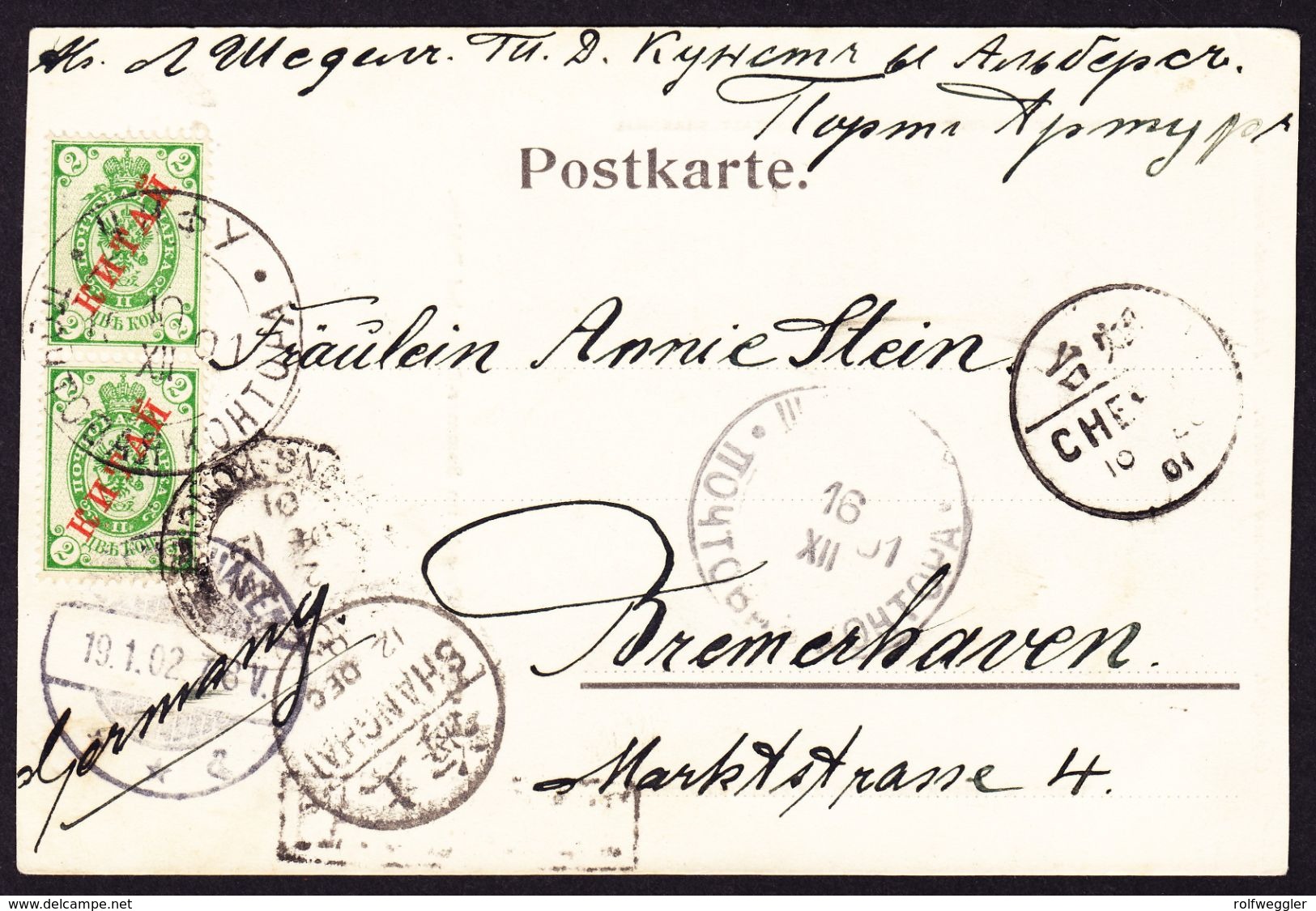1901 AK Aus INKOU Russische Post In China Nach Bremerhaven. Nebenstempel  Shanghai Sowie Chinesische Und Französische - Chine