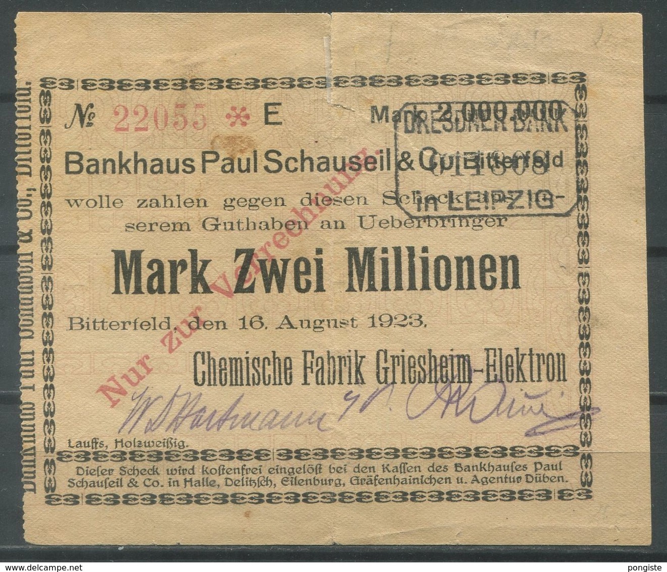 Notgeld / Scheck Aus BITTERFELD (#10) - Bankhaus Schauseil / Chemische Fabrik Griesheim - Zwei Millionen Mark - Autres & Non Classés