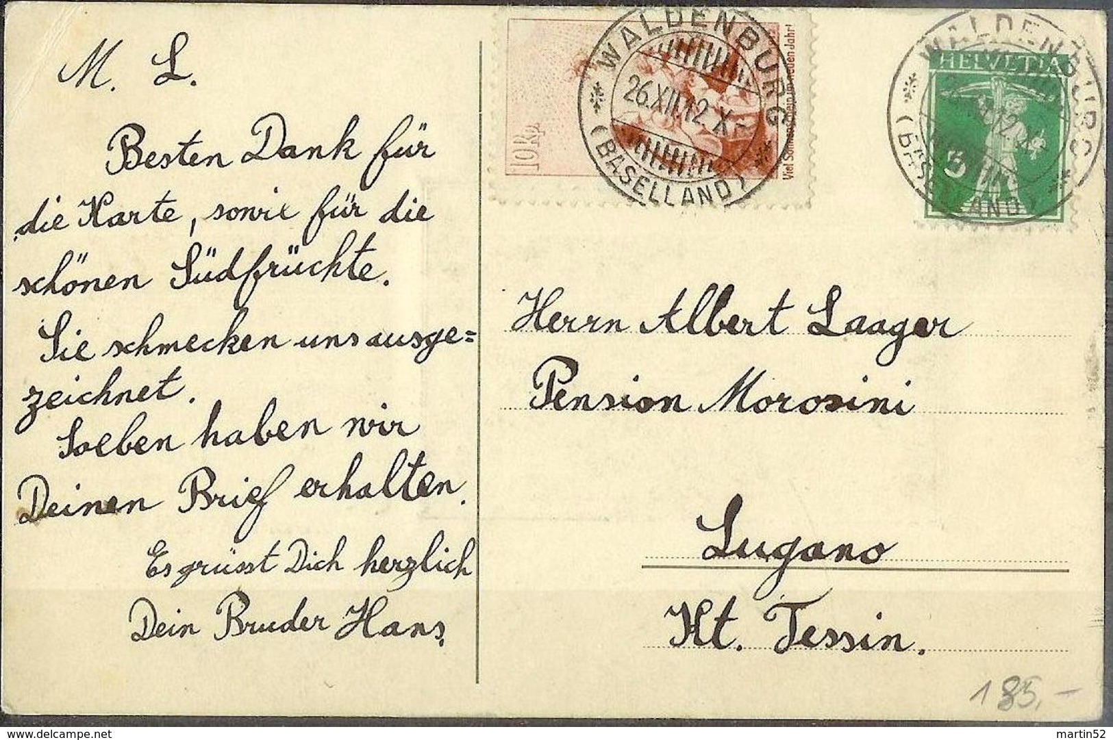 Schweiz 1912: Vorläufer Précurseur Zu+Mi I AK Waldenburg  Voll-o WALDENBURG 26.XII.12 (BASELLAND) (Zumstein CHF 350.00 ) - Lettres & Documents