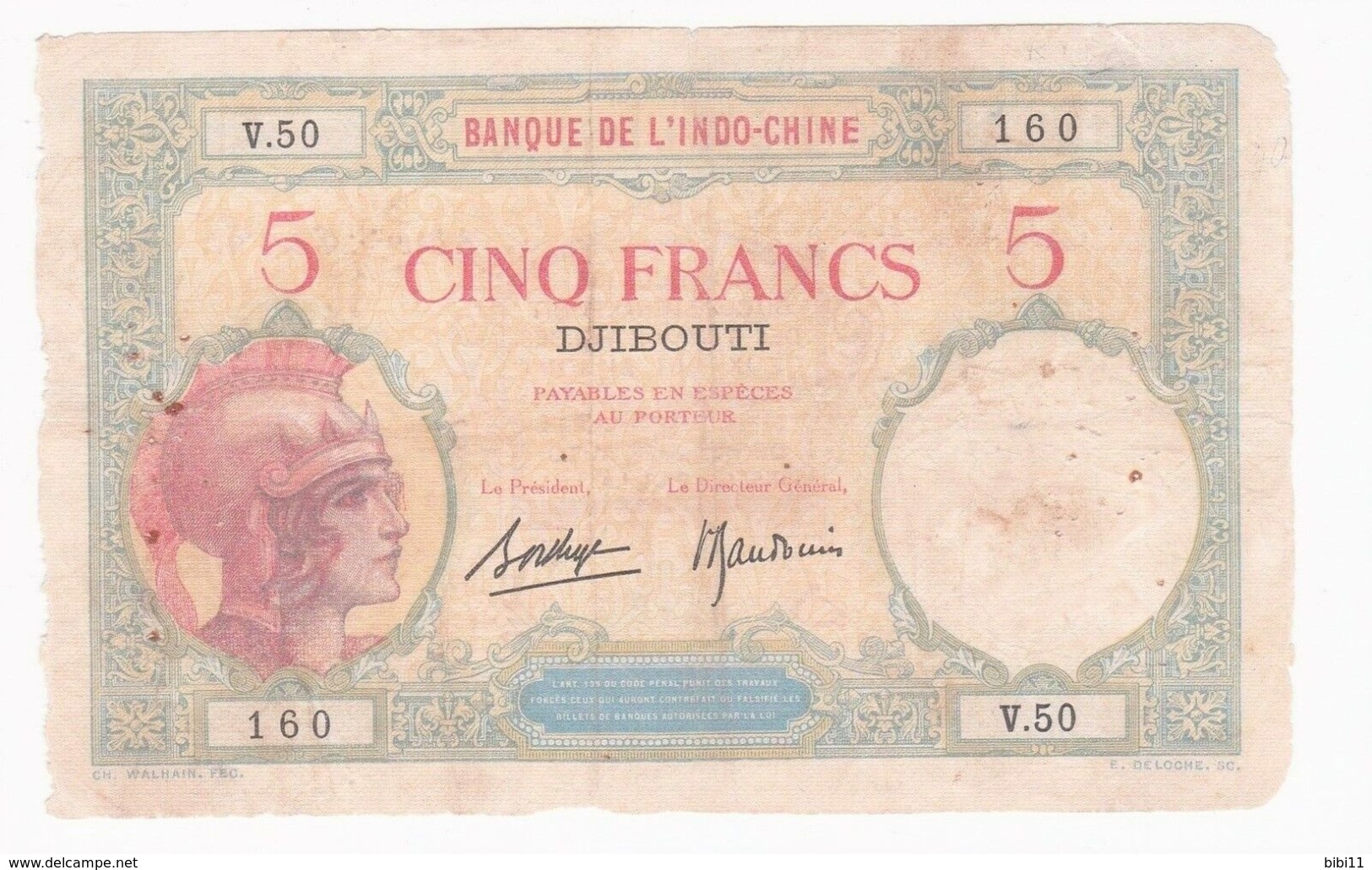 Banque De L'Indochine DJIBOUTI 5 Francs 1925-1938 Alphabet : V.50 N°160 - Dschibuti