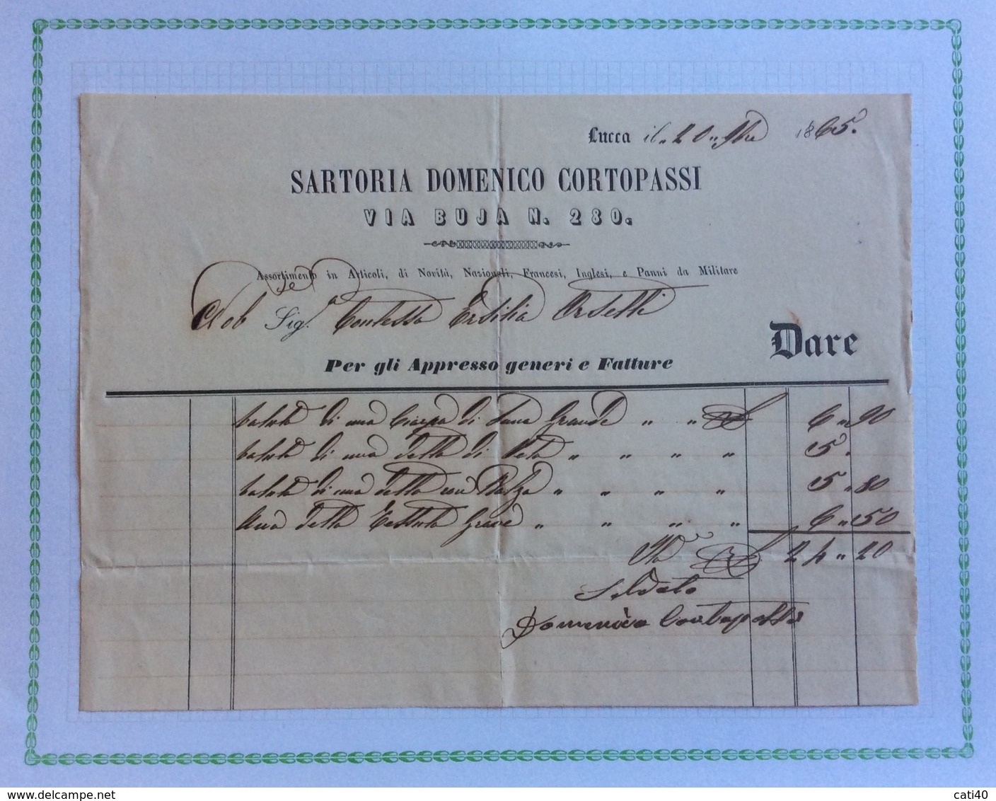 LUCCA VIA BUJA 280- SARTORIA DOMENICO CORTOPASSI - FATTURA A C.ssa ERSILIA ORSETTI IN DATA 10/7/1865 - Autres & Non Classés