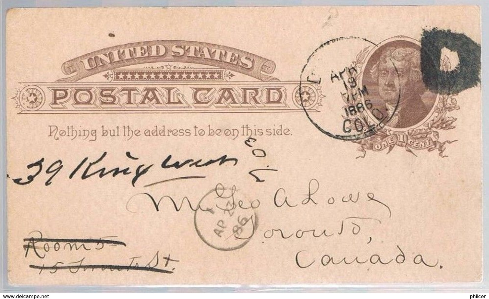 USA, 1886, Postal Card Denver-Canada - Cartas & Documentos