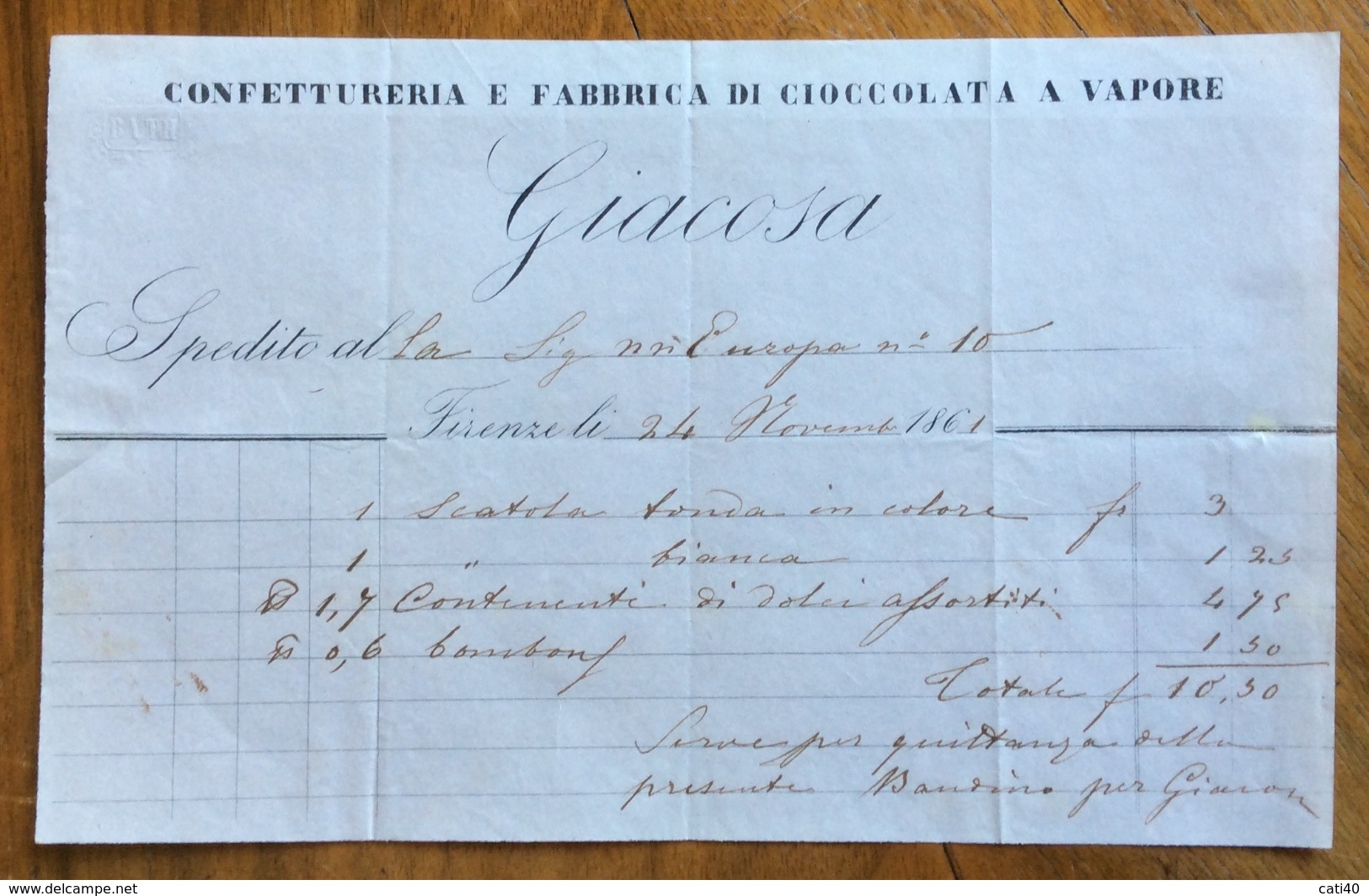 CIOCCOLATO - CONFETTURERIA E FABBRICA DI CIOCCOLATO A VAPORE  " GIACOSA "   FIRENZE 24/11/1861  - FATTURA - Autres & Non Classés