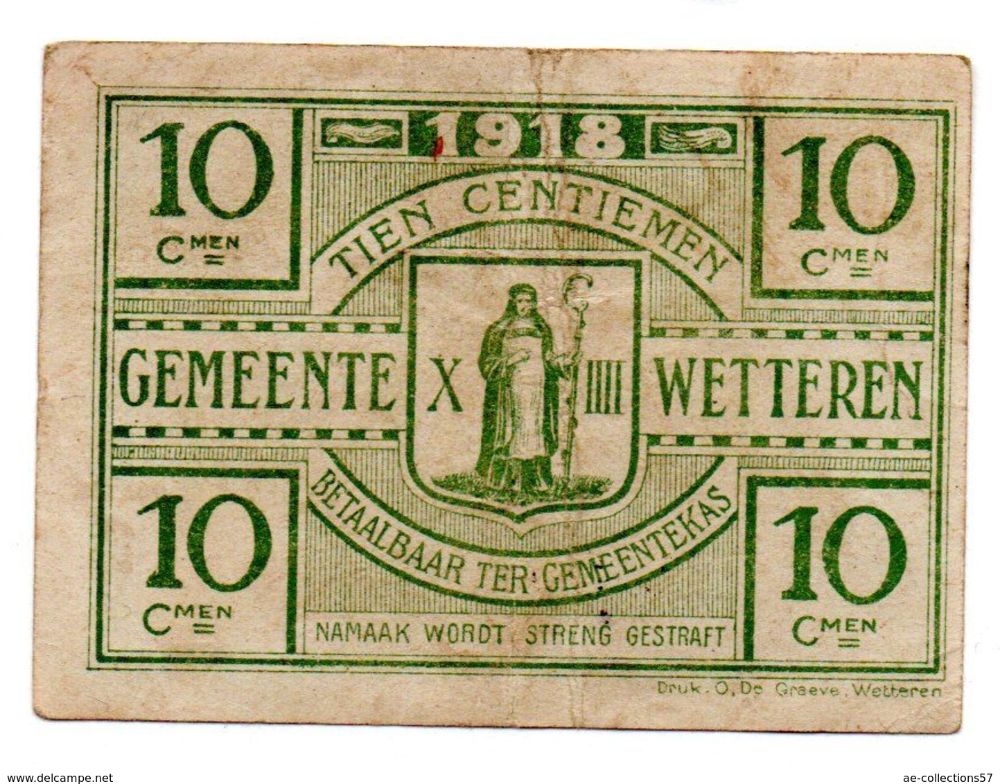 Belgique / 10 Centimes 1918 / Ville De Wetteren / TB+ - Other & Unclassified