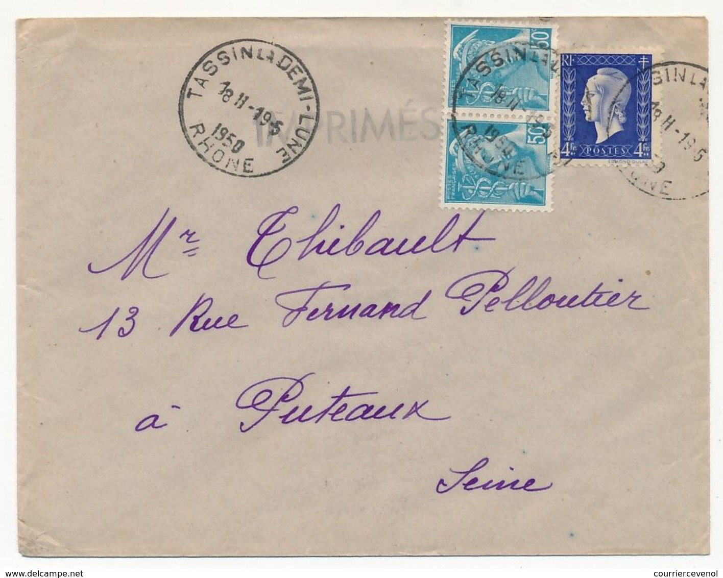 FRANCE - Enveloppe Affr. Composé 4F Dulac + 2x50c Mercure - Tassin La Demi-Lune (Rhône) - 1950 - 1944-45 Marianne Van Dulac