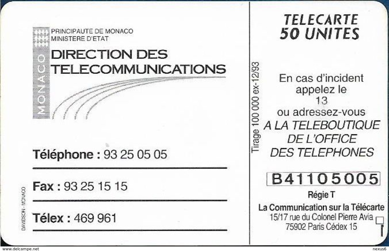 Monaco - MF31 (005) - Direction Des Telecomm. - Cn. 005, Gem1A Symmetr. Black, 12.1993, 50Units, 100.000ex, Used - Monaco