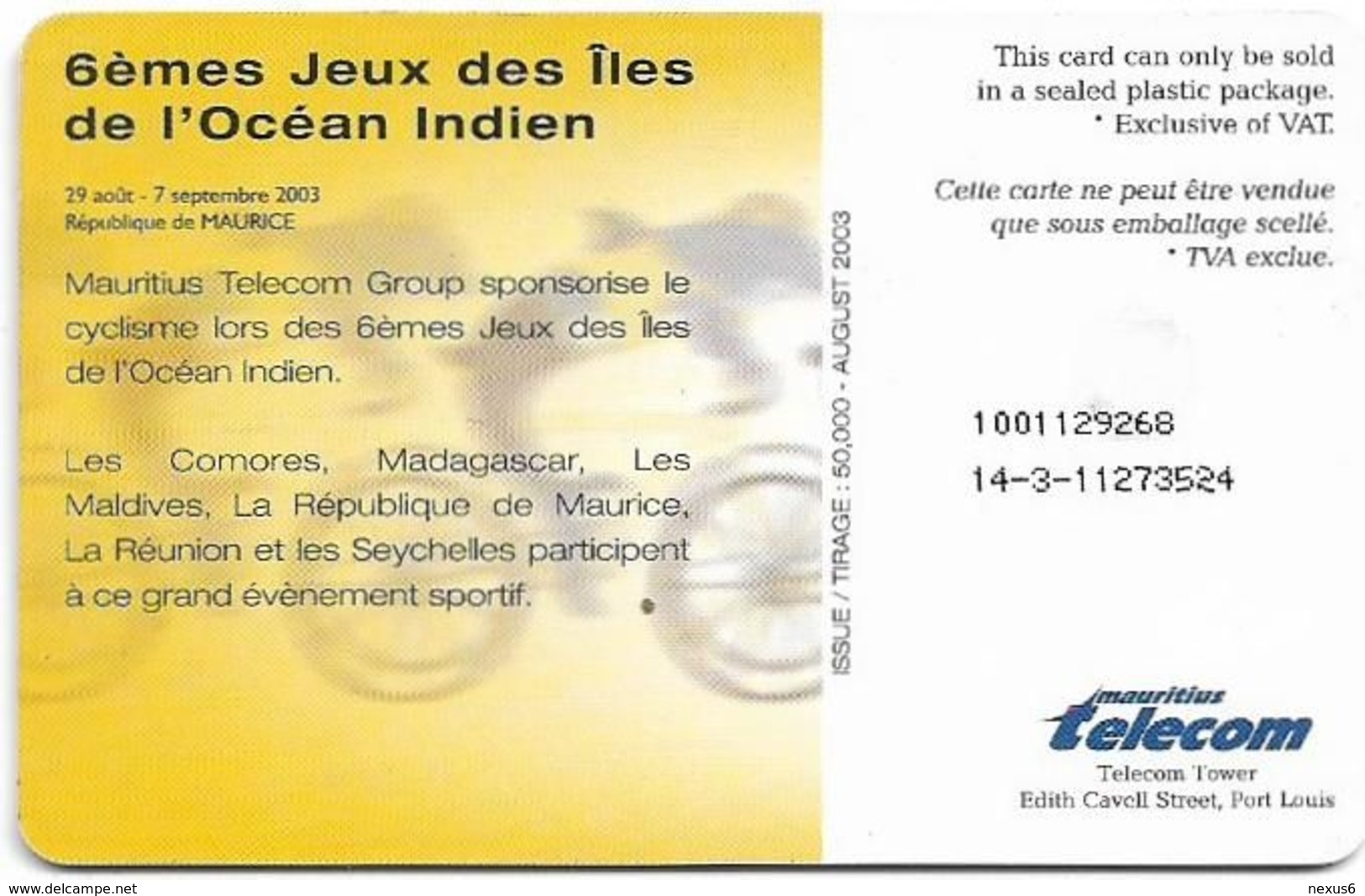 Mauritius - Chip - Indian Ocean Islands Games, Cycling, Gem5 Red, 08.2003, 115U, 50.000ex, Used - Maurice