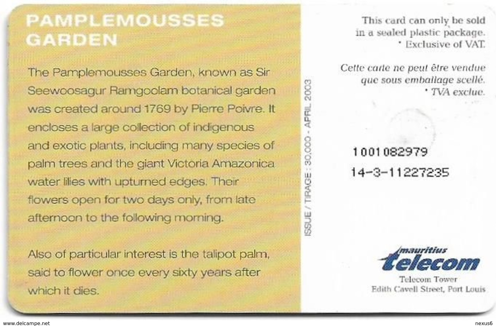 Mauritius - Mauritius Telecom (Chip) - Pamplemousses (Rev #1, No Logo, With Date), Gem5 Black, 04.2003, 30.000ex Used - Mauricio