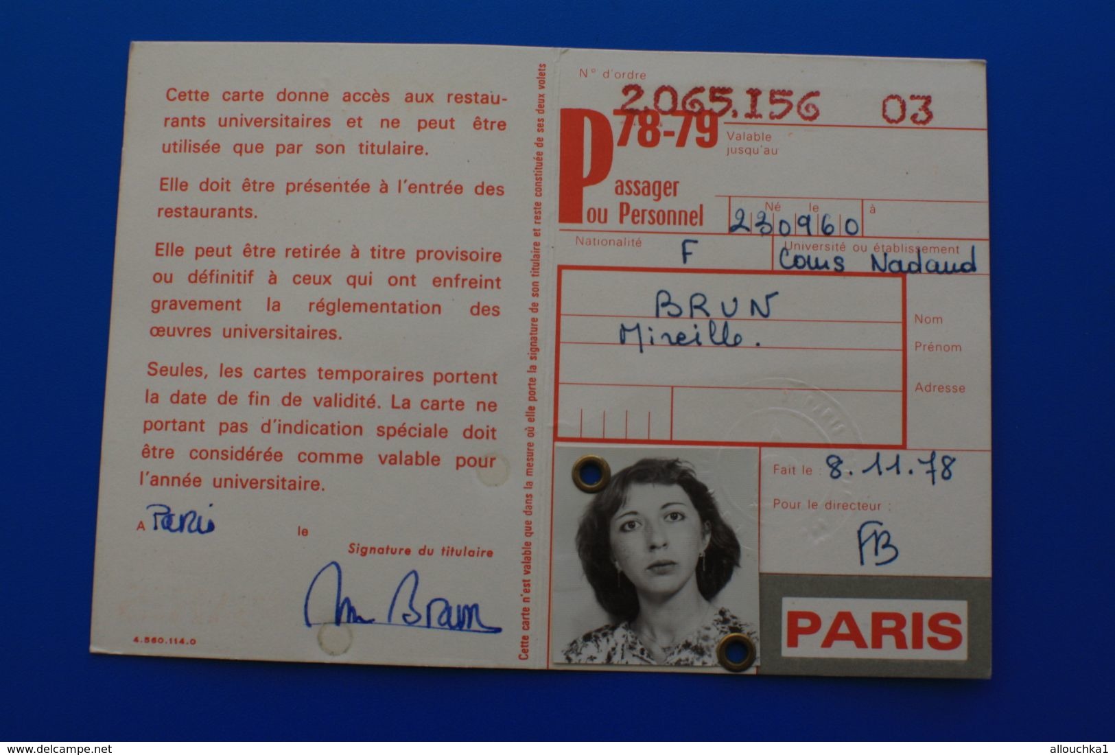 CARTE ACCÈS AU RESTAURANT PASSAGER OU PERSONNEL UNIVERSITÉ DE PARIS 1978/79 CENTRE RÉGIONAL DES ŒUVRES UNIVERSITAIRES - Documents Historiques