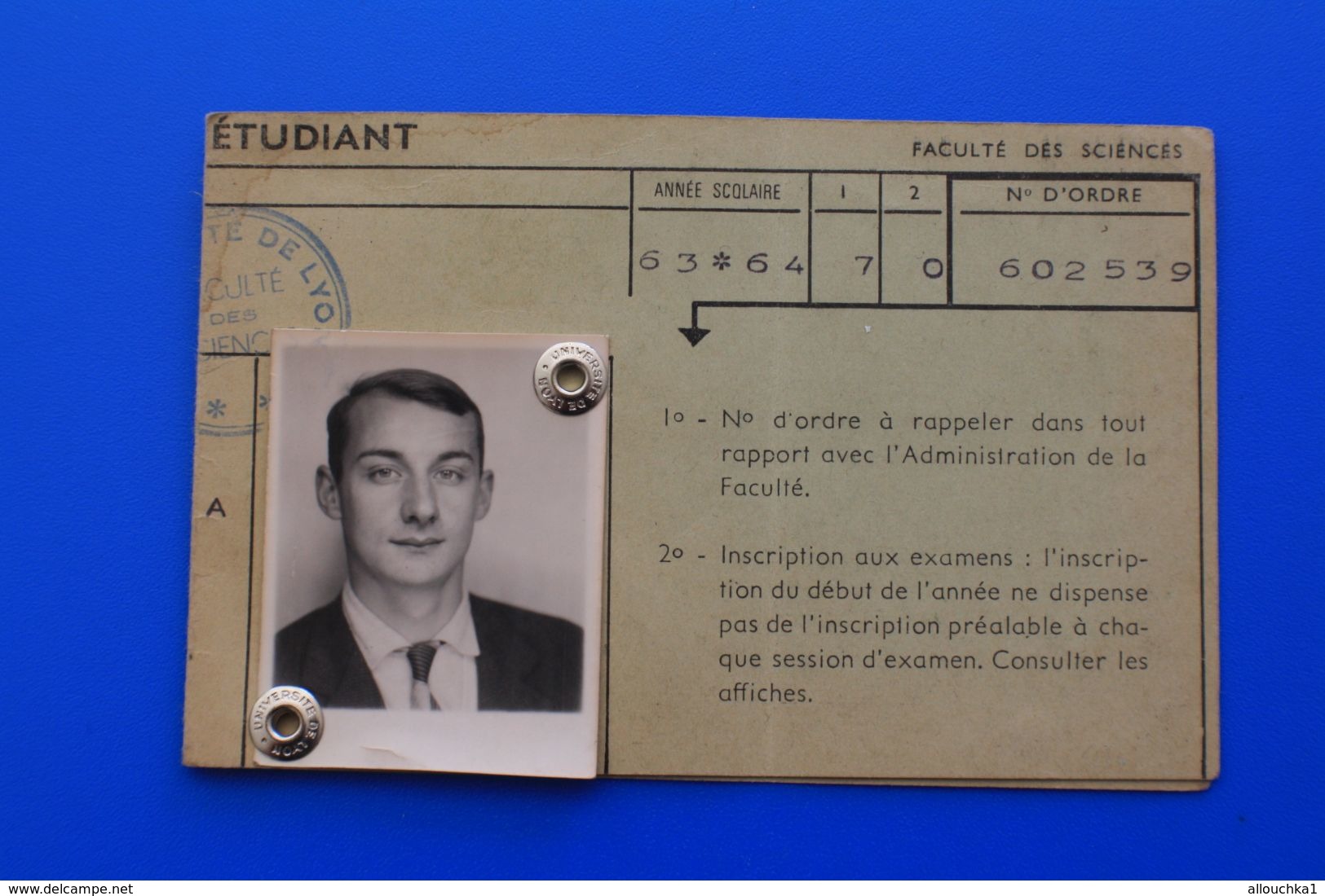 1963/64 CARTE D’ÉTUDIANT UNIVERSITÉ DE LYON-FACULTE DES SCIENCES  CHIMIE MINÉRALE -ORGANIQUE-ŒUVRES UNIVERSITAIRES - Historische Dokumente