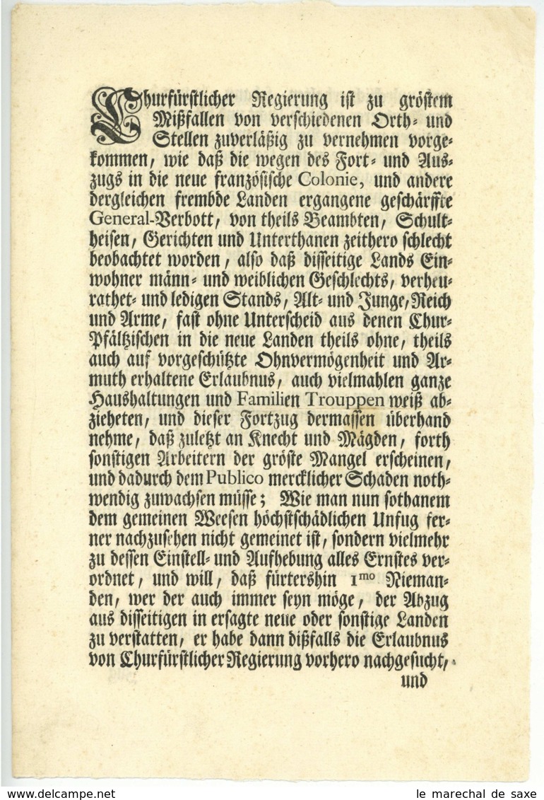 1764 Mannheim Kurpfalz Verbot Der AUSWANDERUNG In Die FRANZÖSISCHE KOLONIE GUAYANA CAYENNE - Gesetze & Erlasse