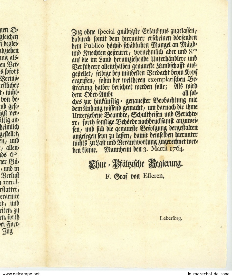 1764 Mannheim Kurpfalz Verbot Der AUSWANDERUNG In Die FRANZÖSISCHE KOLONIE GUAYANA CAYENNE - Décrets & Lois