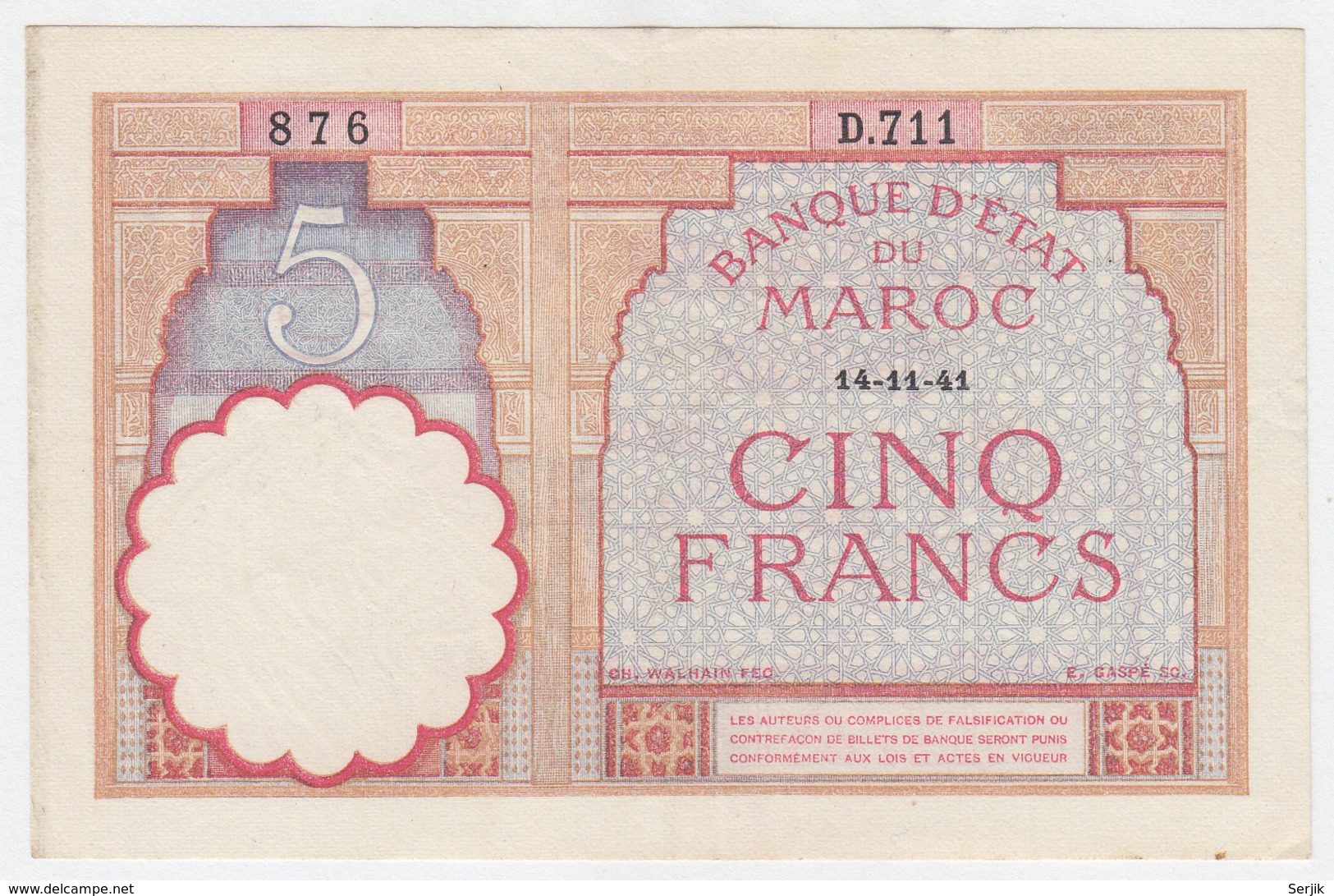 Morocco 5 Francs 14-11- 1941 VF++ Crisp Banknote Pick 23Ab 23A B - Marokko